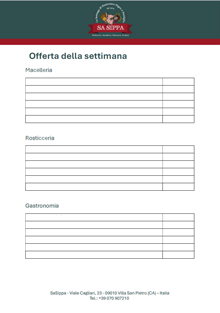 Offerta della settimana per un negozio. Sezioni per macelleria, rosticceria e gastronomia con spazi vuoti per scrivere. Contatti e indirizzo del negozio in fondo alla pagina.